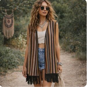 Vintage Boho Fringe Longline Crochet Knit Vest Size M Open Front Hippie Earthy